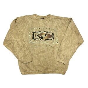 Vintage 90s Size Small San Diego Beige Tie Dye Foil Print Tribal Fish Sweatshirt